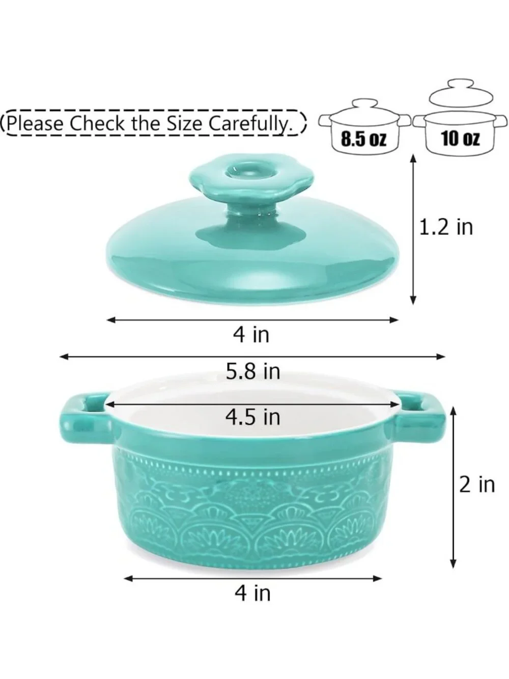 Set of 6 Mini Cocotte Ramekins with Lids - Oven Safe Ceramic Casserole Dishes, 8